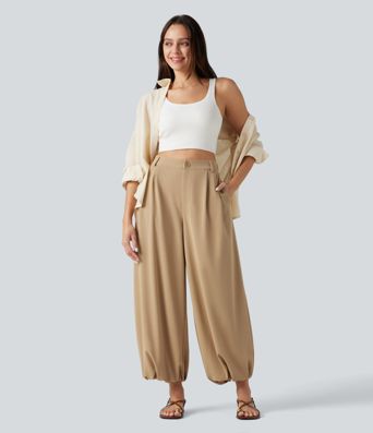 Jogging décontracté taille haute en maille gaufrée avec poches