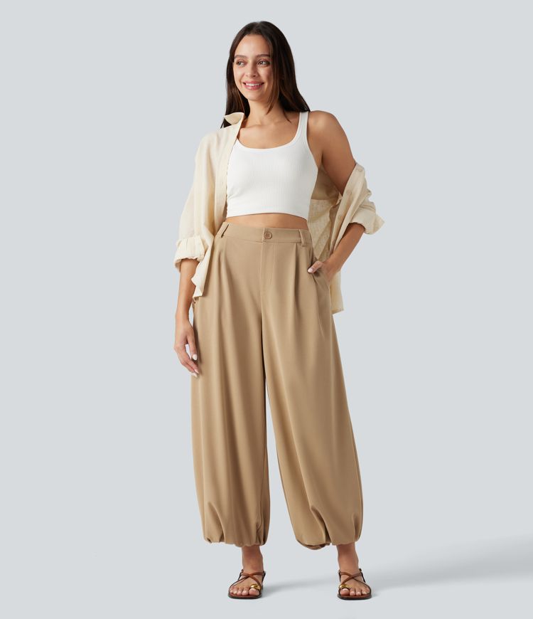 Jogging décontracté taille haute en maille gaufrée avec poches