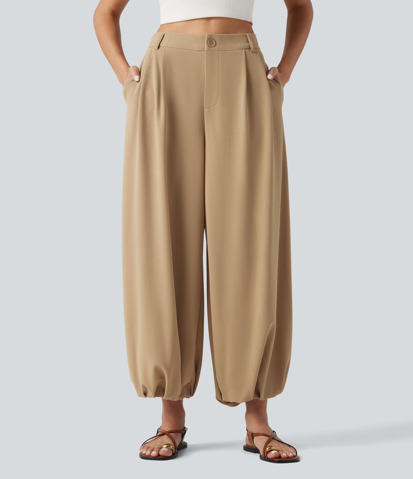 Jogging décontracté taille haute en maille gaufrée avec poches