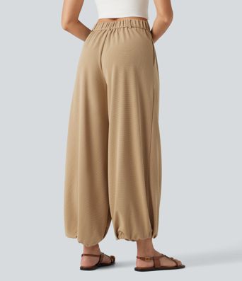 Jogging décontracté taille haute en maille gaufrée avec poches