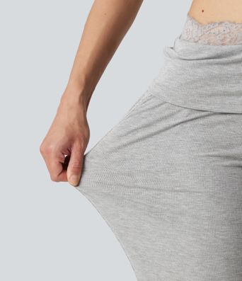 High Stretch Ribbed Knit Lace Mid Rise Flare Casual Pants with Pockets