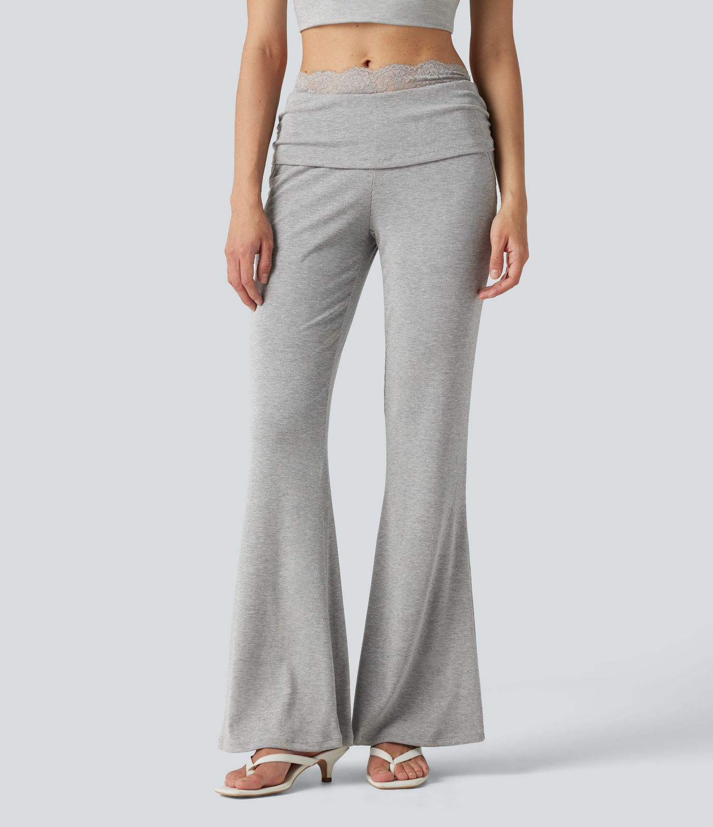 High Stretch Ribbed Knit Lace Mid Rise Flare Casual Pants with Pockets