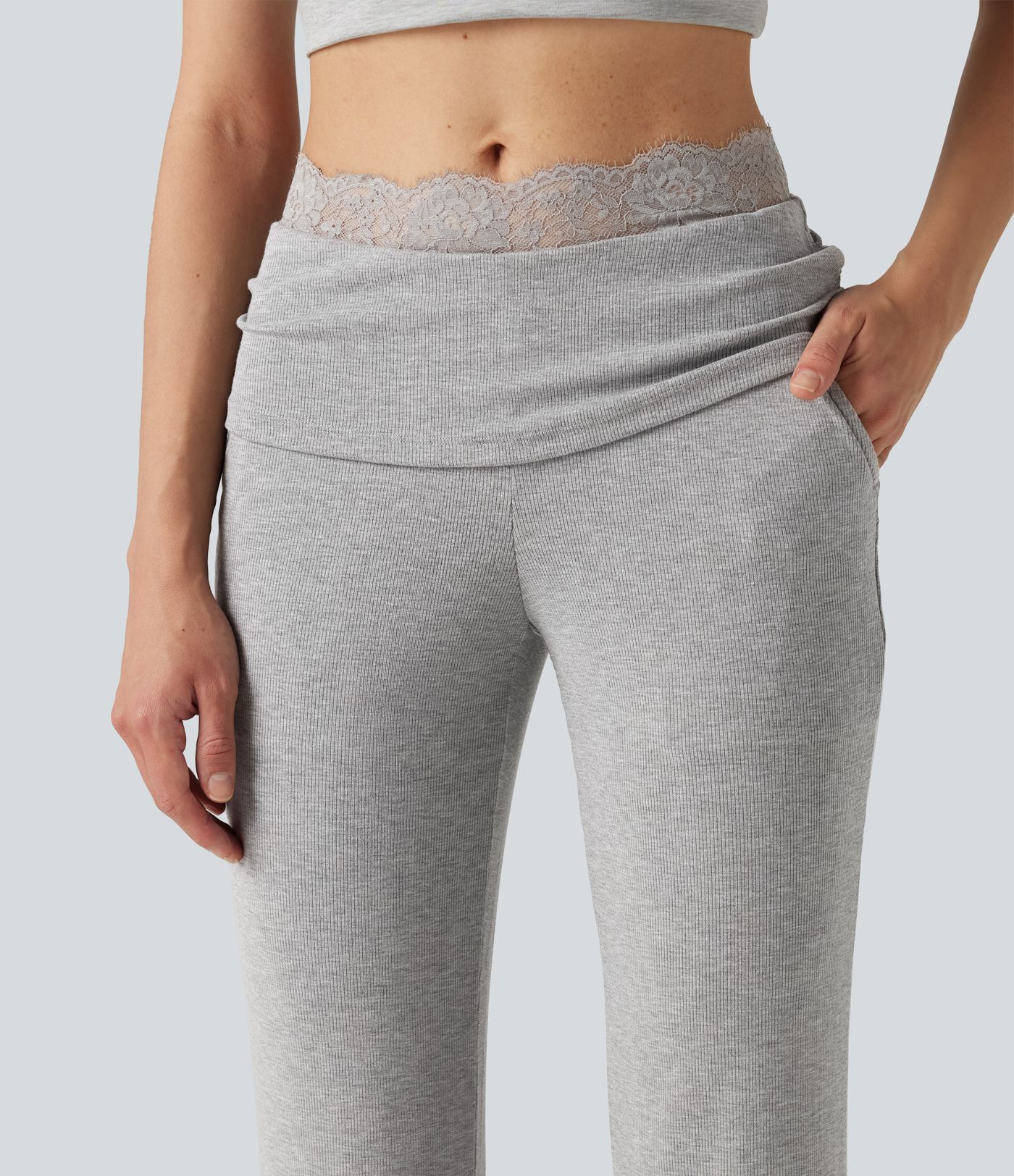 High Stretch Ribbed Knit Lace Mid Rise Flare Casual Pants with Pockets