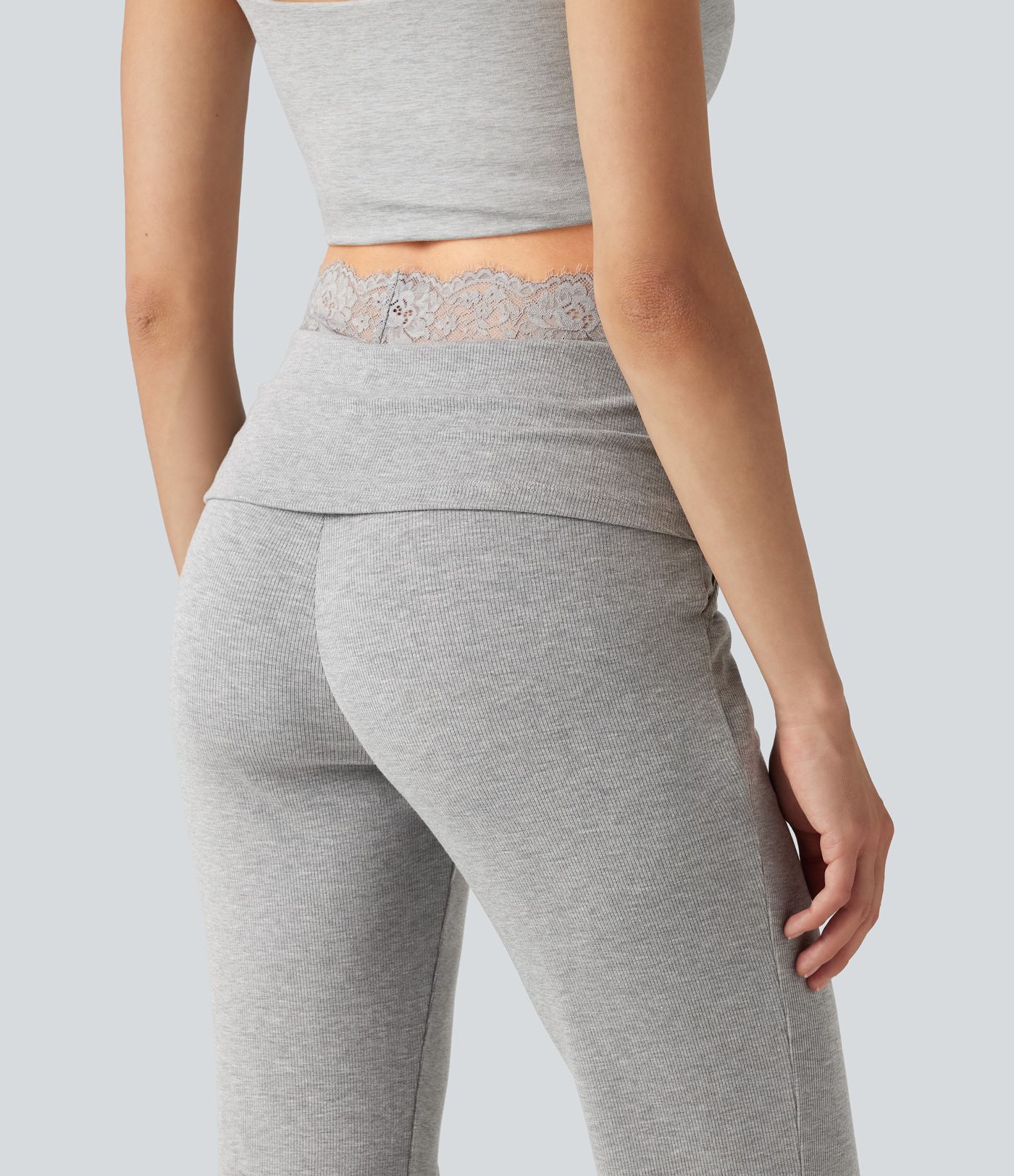 High Stretch Ribbed Knit Lace Mid Rise Flare Casual Pants with Pockets