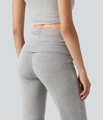 High Stretch Ribbed Knit Lace Mid Rise Flare Casual Pants with Pockets