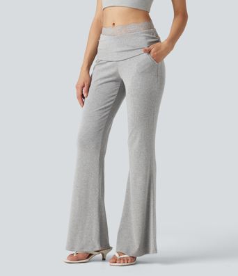 High Stretch Ribbed Knit Lace Mid Rise Flare Casual Pants with Pockets