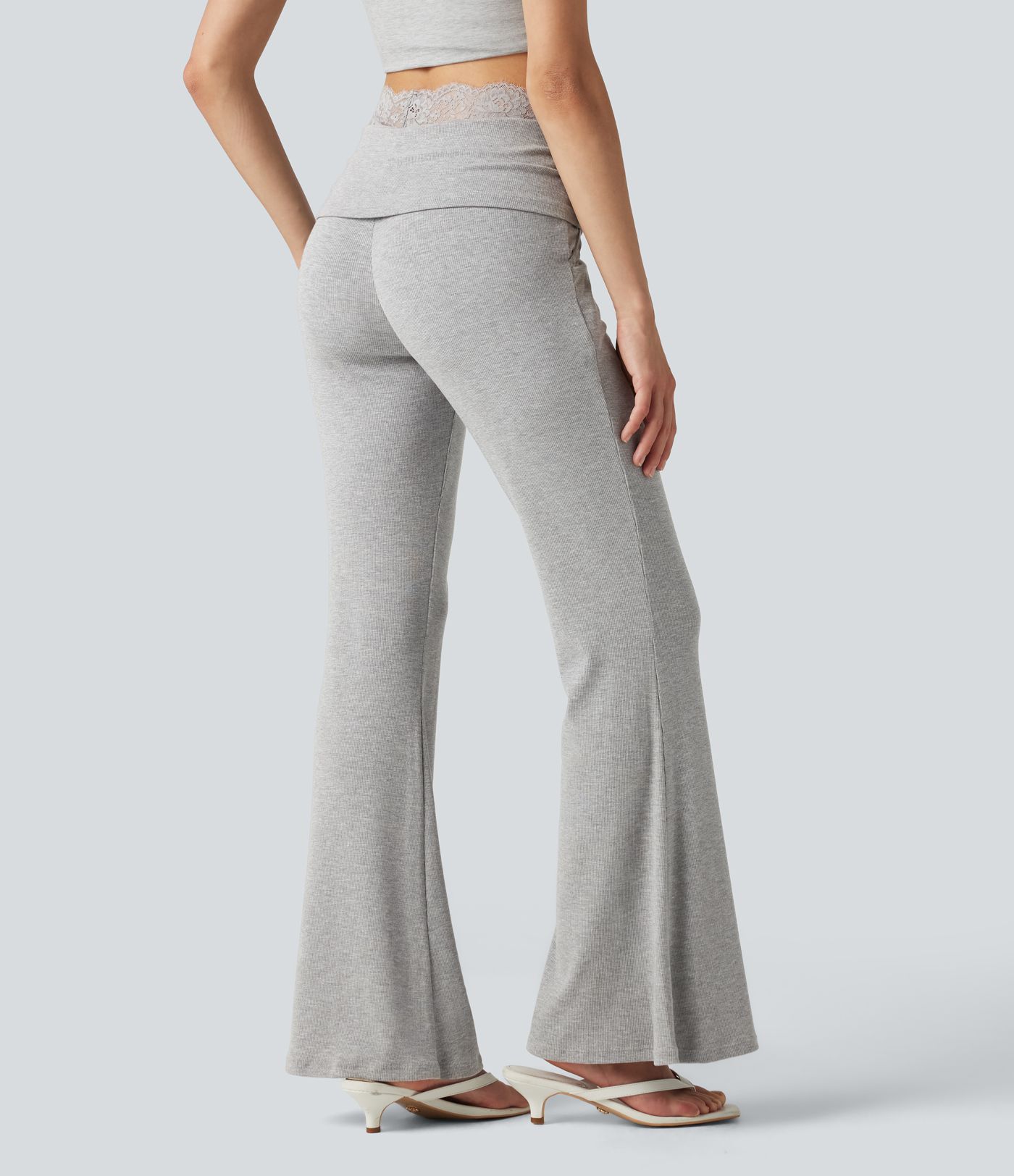 High Stretch Ribbed Knit Lace Mid Rise Flare Casual Pants with Pockets