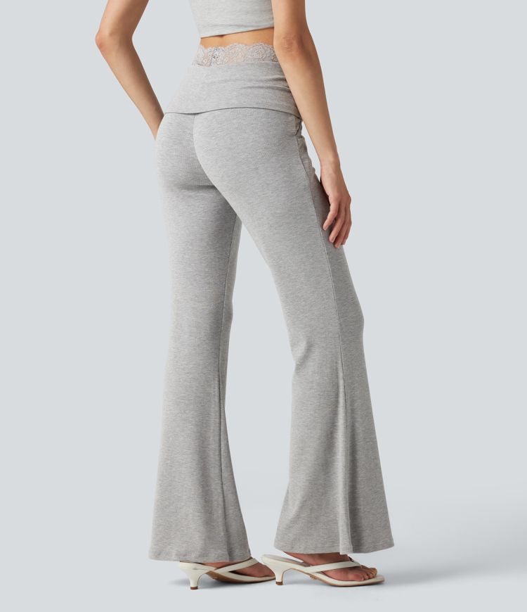 High Stretch Ribbed Knit Lace Mid Rise Flare Casual Pants with Pockets