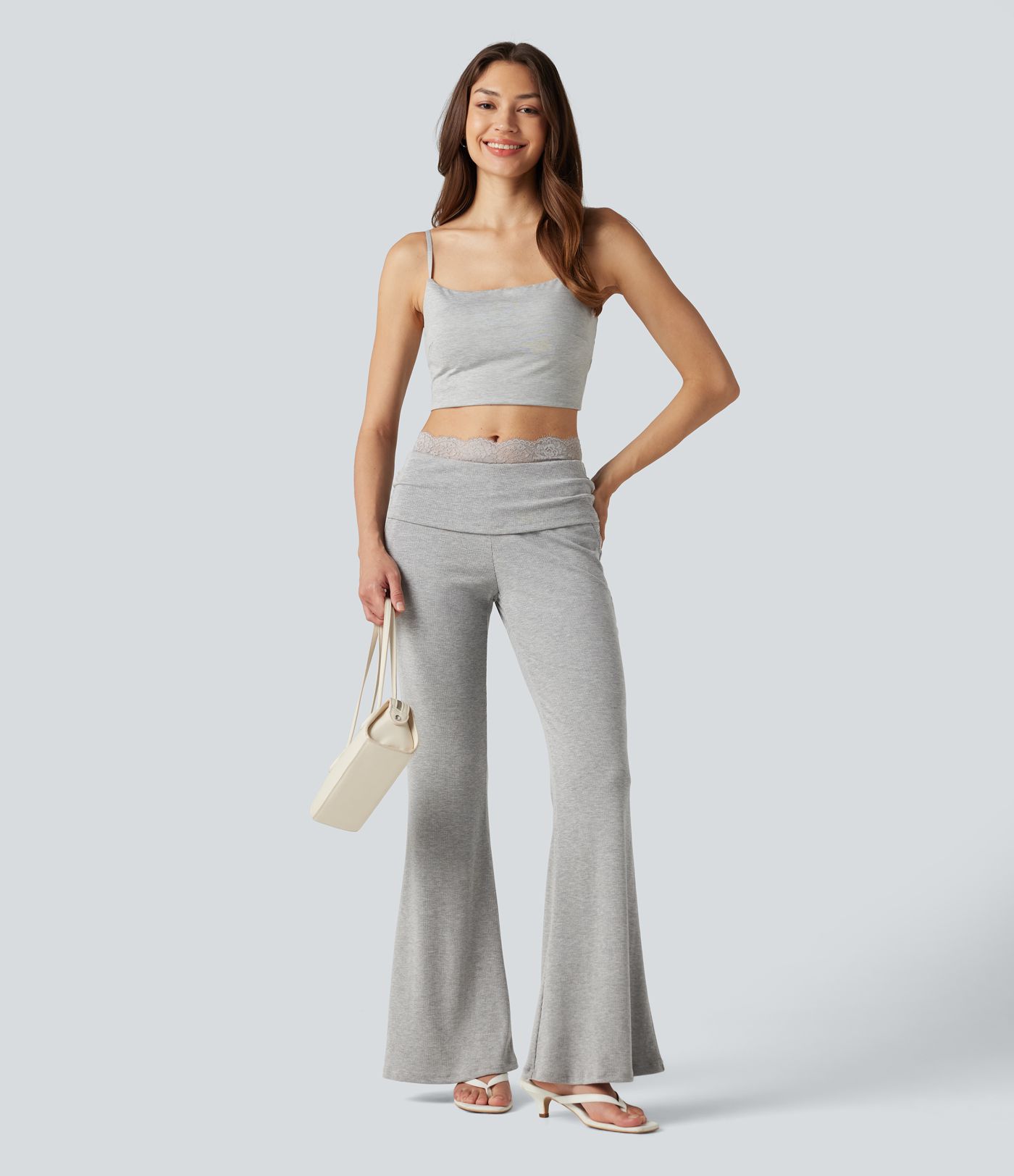 High Stretch Ribbed Knit Lace Mid Rise Flare Casual Pants with Pockets