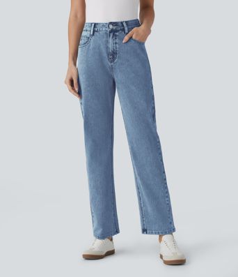 Halara Flex™ Hochgeschnittene Jeans mit Reißverschlusstaschen und geradem Bein für lässige Anlässe