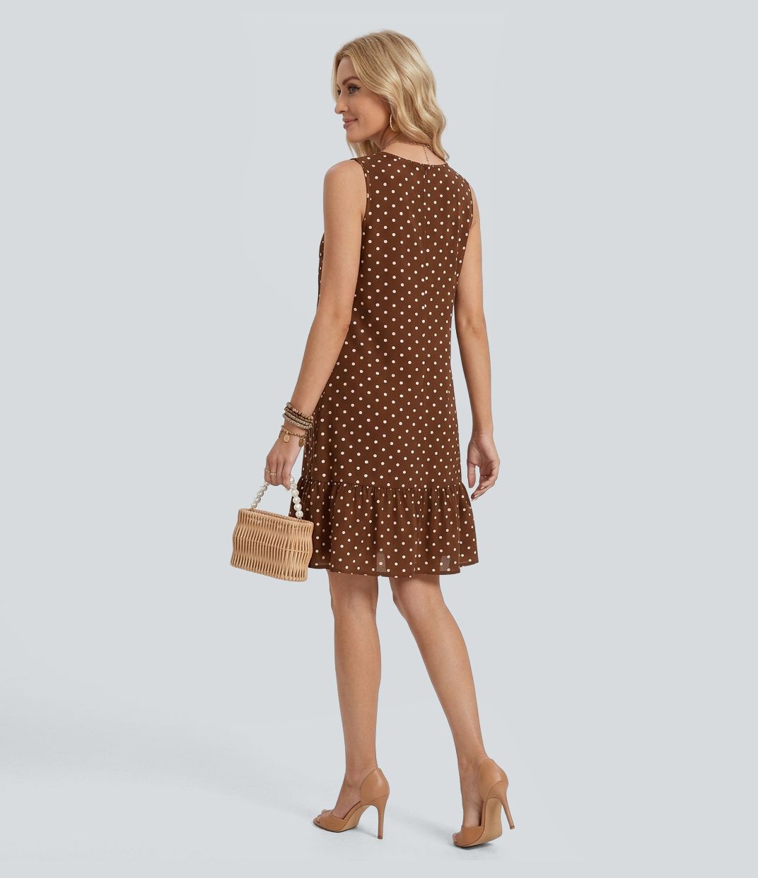 Round Neck Sleeveless Ruffle Hem Polka Dot Mini Dress