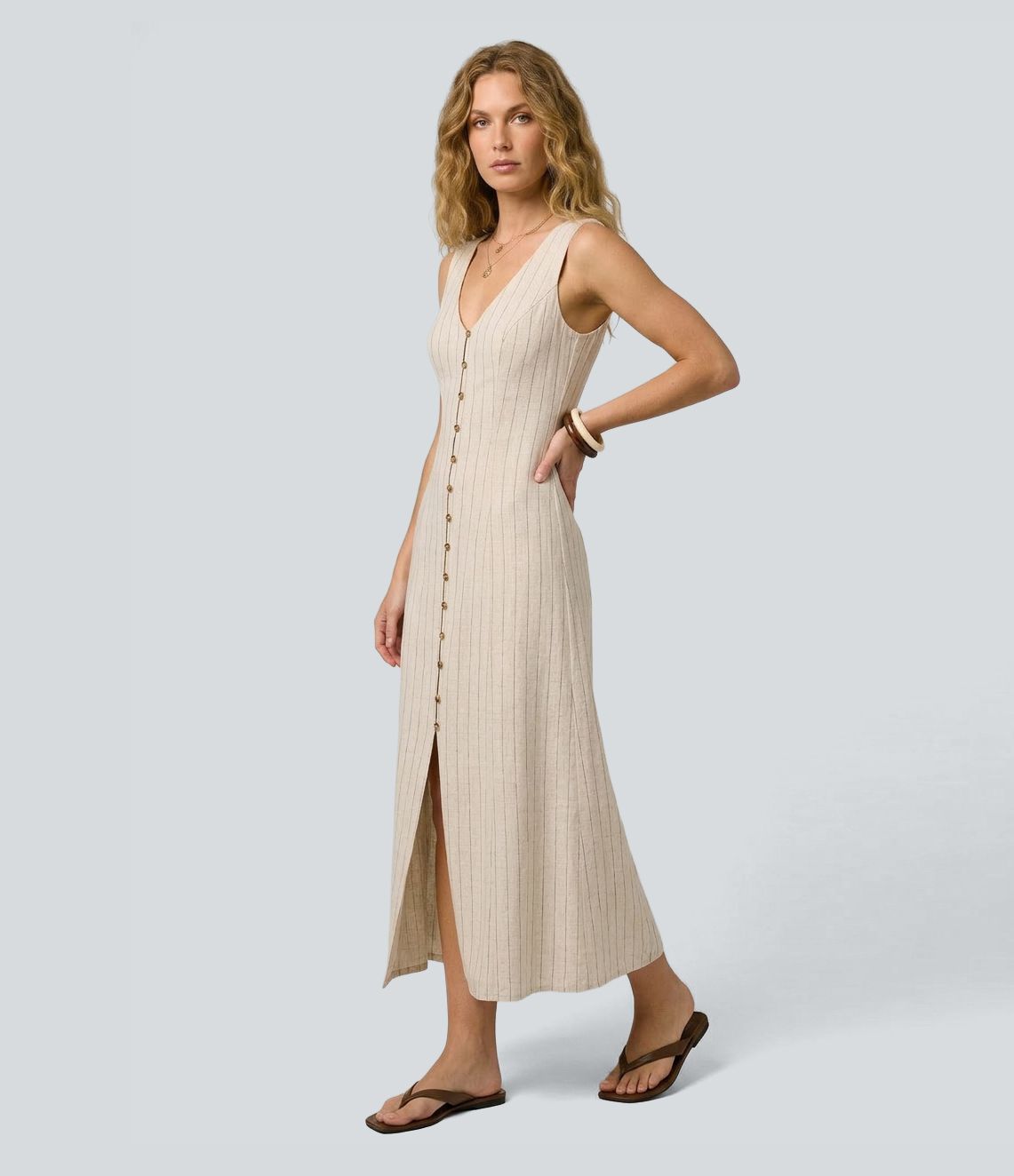 V Neck Sleeveless Stripe Maxi Casual Dress