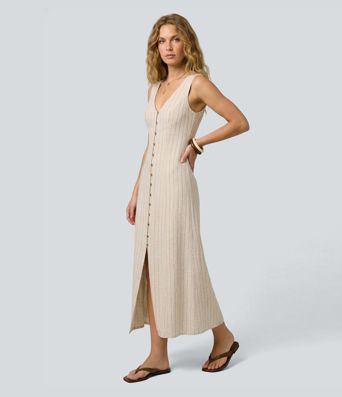V Neck Sleeveless Stripe Maxi Casual Dress