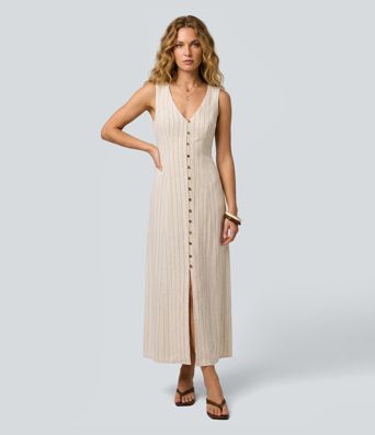V Neck Sleeveless Stripe Maxi Casual Dress
