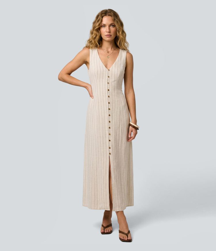 V Neck Sleeveless Stripe Maxi Casual Dress