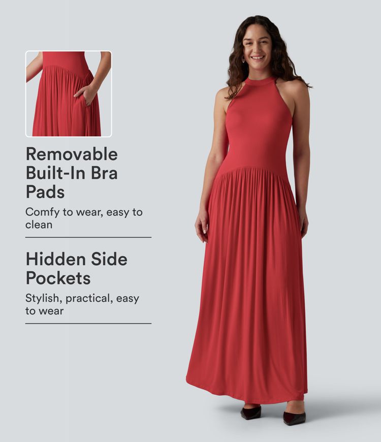 Ribbed Racerback Built-in Bra Maxi Dress with Pockets