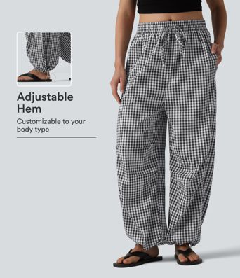Mid Rise Drawstring Baggy Gingham Casual Trousers with Pockets