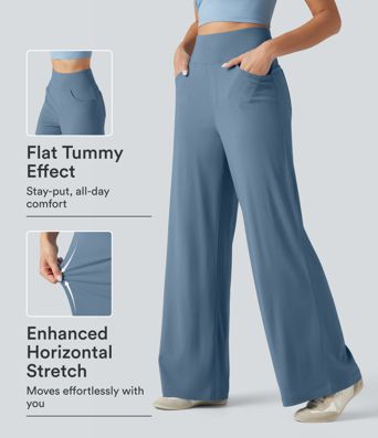 Pantalon large fluide décontracté en lin stretch taille haute gainant avec poches