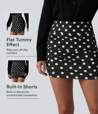 High Waisted Tummy Control Ruched Curved Hem Bodycon 2-in-1 Printed Mini Skirt