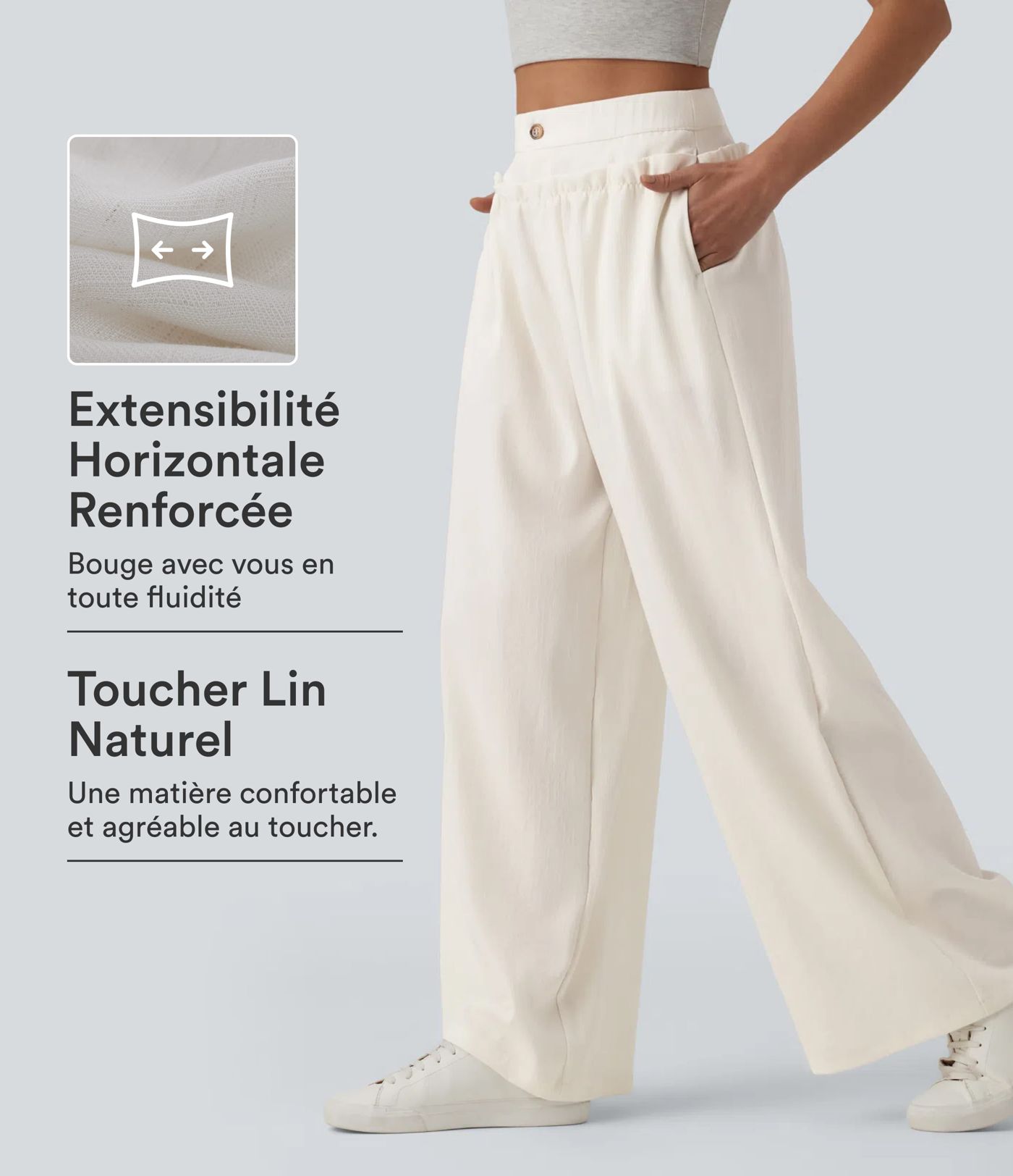 Pantalon casual ample taille haute aspect lin à volants avec poches