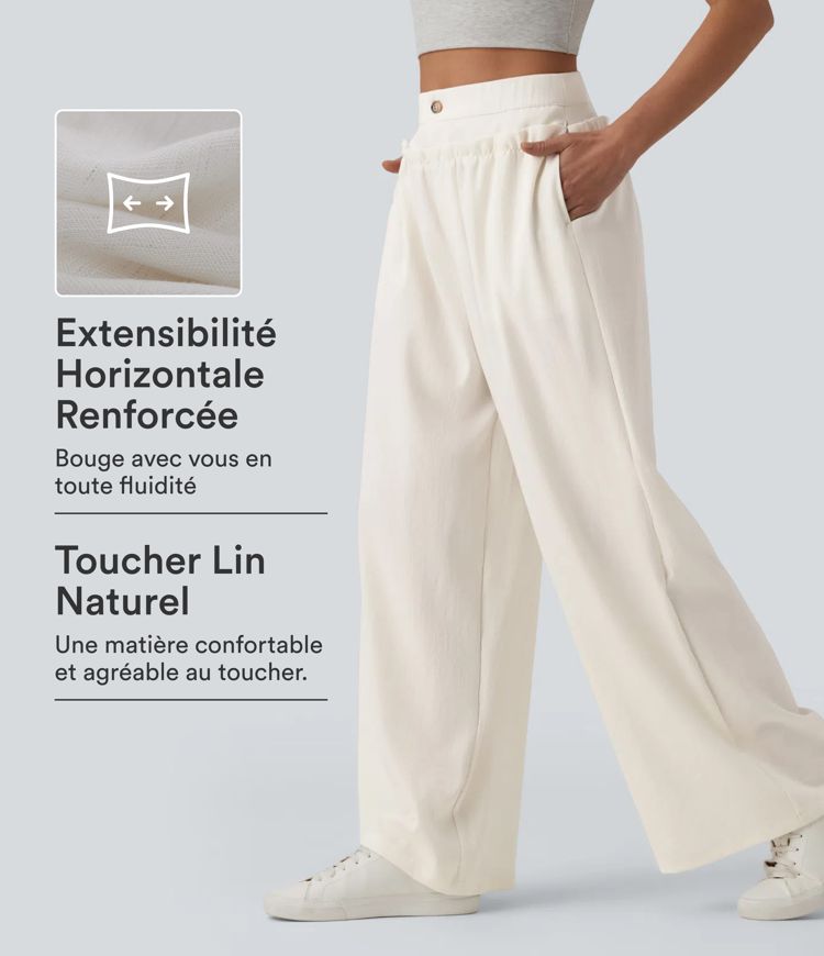 Pantalon casual ample taille haute aspect lin à volants avec poches