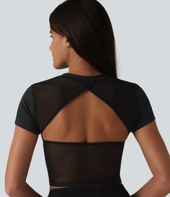 Haut de sport SoftlyZero™ Airy à col rond, manches courtes, dos échancré, maille respirante au toucher frais, protection UPF50+