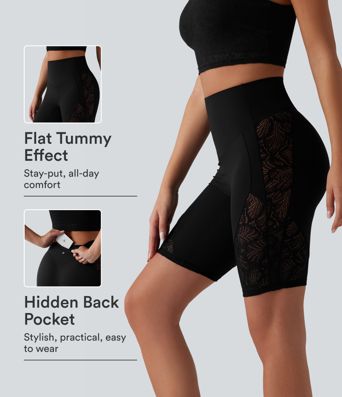 Short cycliste de yoga Halara UltraSculpt™ taille haute, gainant, en dentelle contrastée, 23 cm, avec poche
