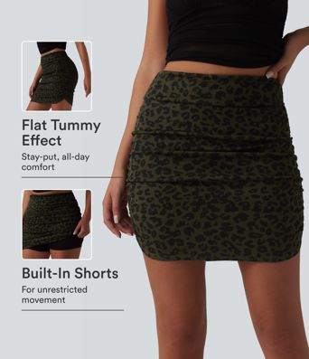 Jupe mini moulante décontractée 2 en 1 à imprimé léopard, taille haute, effet ventre plat et ourlet arrondi froncé