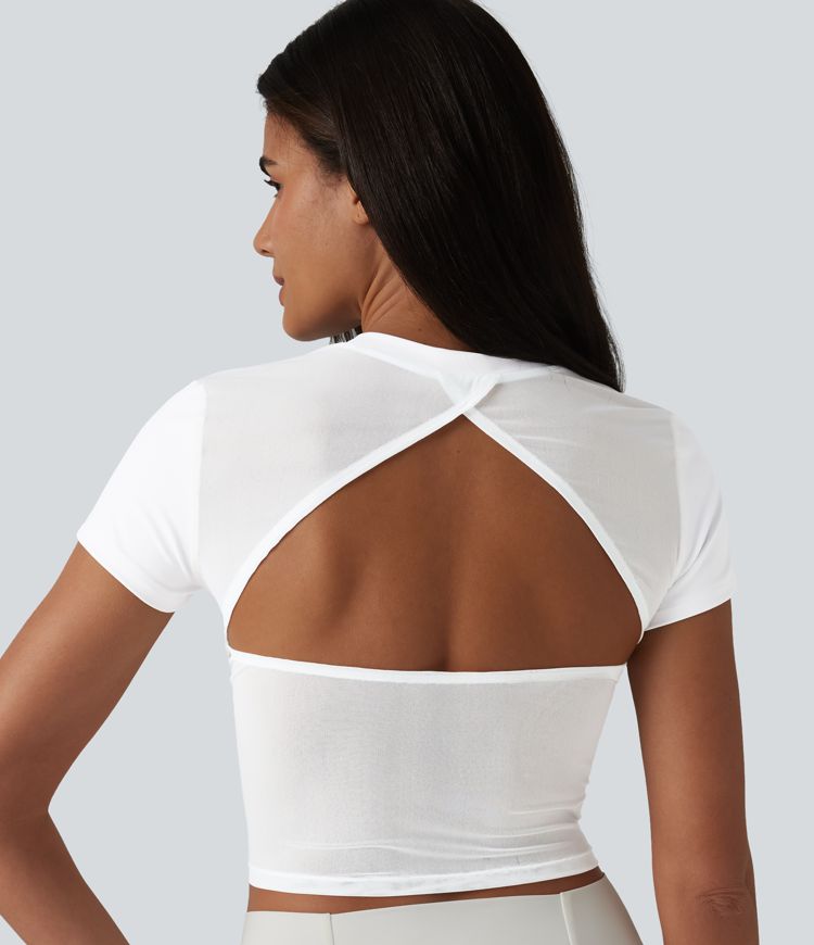 Haut de sport SoftlyZero™ Airy à col rond, manches courtes, dos échancré, maille respirante au toucher frais, protection UPF50+