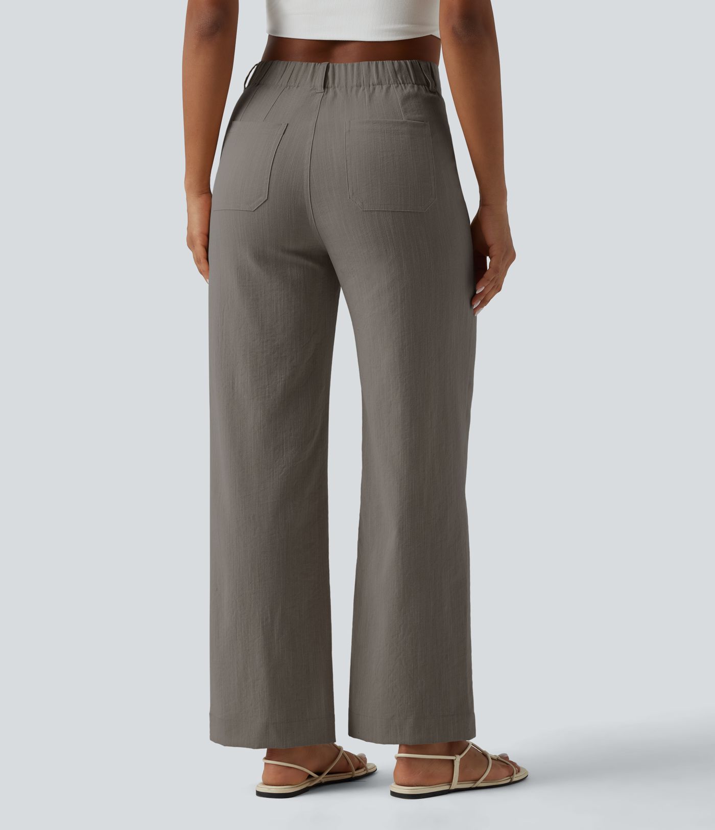 High Waisted Straight Leg Casual Linen-Feel Pants with Pockets