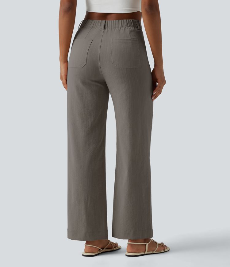 High Waisted Straight Leg Casual Linen-Feel Pants with Pockets
