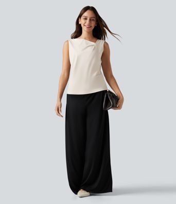 Gerafftes, ärmelloses Büro-Top mit asymmetrischem Wasserfallausschnitt und geschlitztem Saum