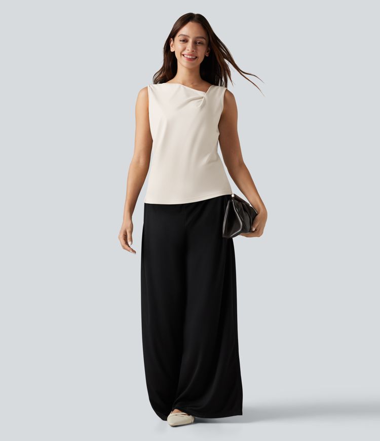 Gerafftes, ärmelloses Büro-Top mit asymmetrischem Wasserfallausschnitt und geschlitztem Saum