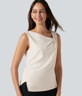 Gerafftes, ärmelloses Büro-Top mit asymmetrischem Wasserfallausschnitt und geschlitztem Saum