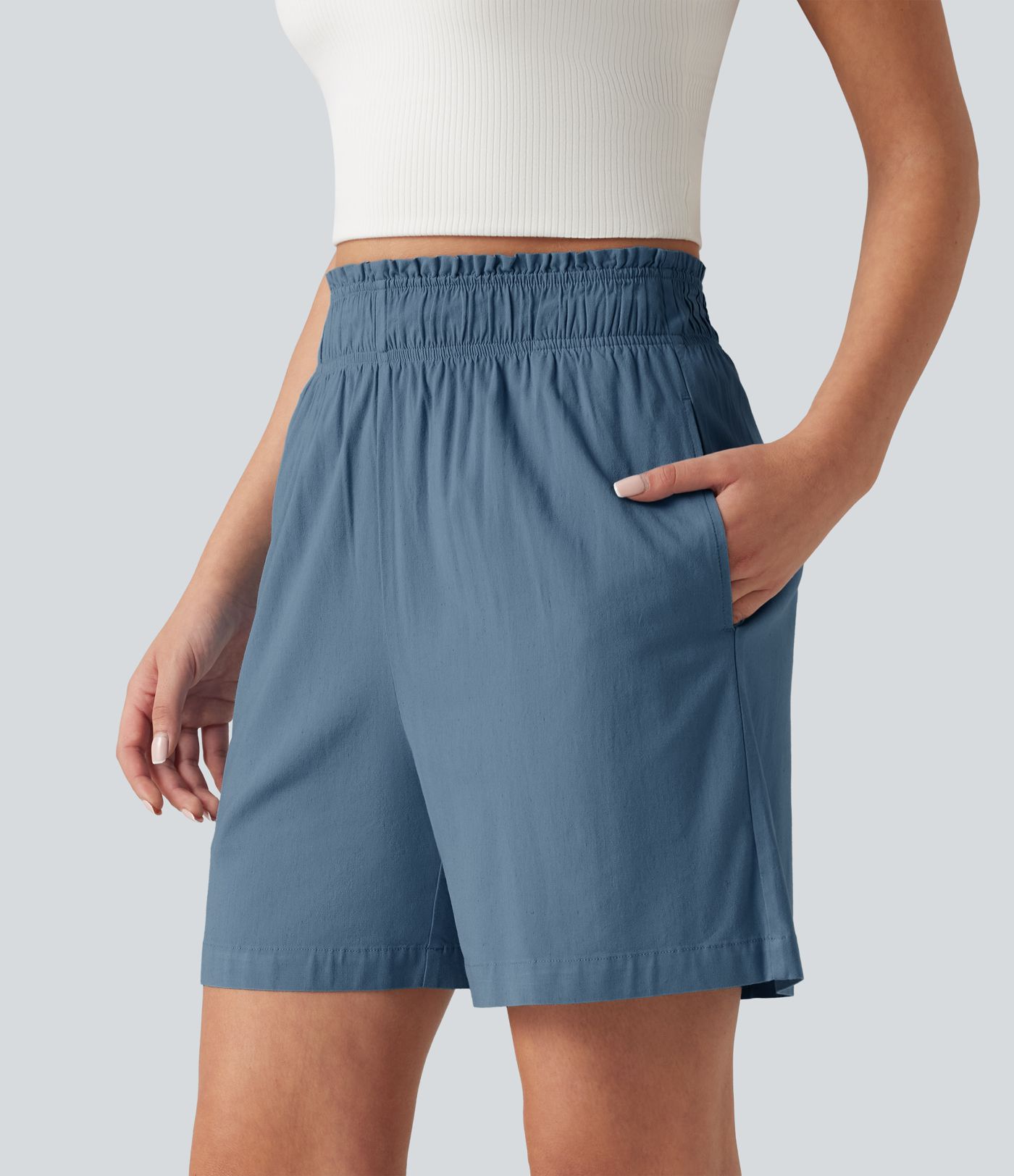 Short décontracté taille haute en lin stretch 12,5 cm avec poches
