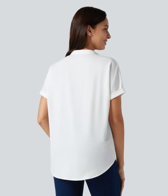 Wrinkle-resistant V-neck Short Sleeve Curved Hem Work Chiffon Blouse