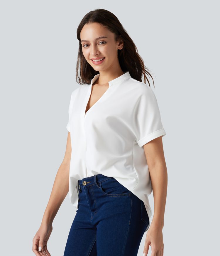 Wrinkle-resistant V-neck Short Sleeve Curved Hem Work Chiffon Blouse