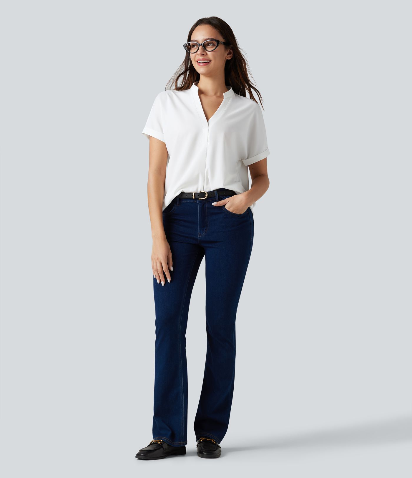 Wrinkle-resistant V-neck Short Sleeve Curved Hem Work Chiffon Blouse