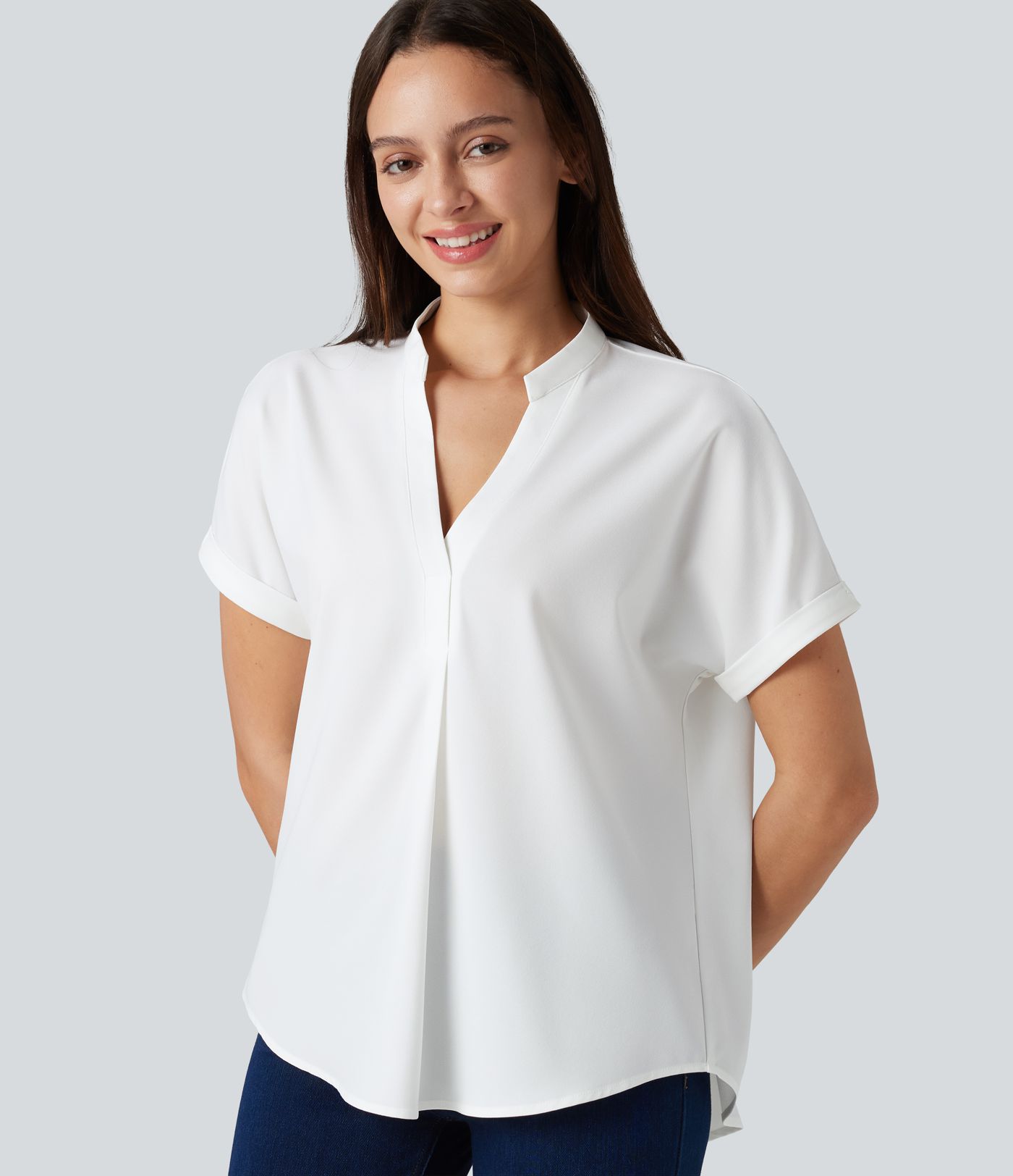 Wrinkle-resistant V-neck Short Sleeve Curved Hem Work Chiffon Blouse