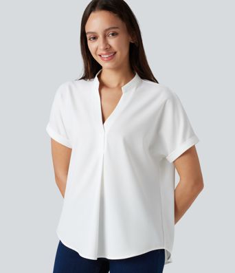Wrinkle-resistant V-neck Short Sleeve Curved Hem Work Chiffon Blouse