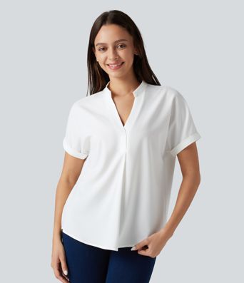 Wrinkle-resistant V-neck Short Sleeve Curved Hem Work Chiffon Blouse
