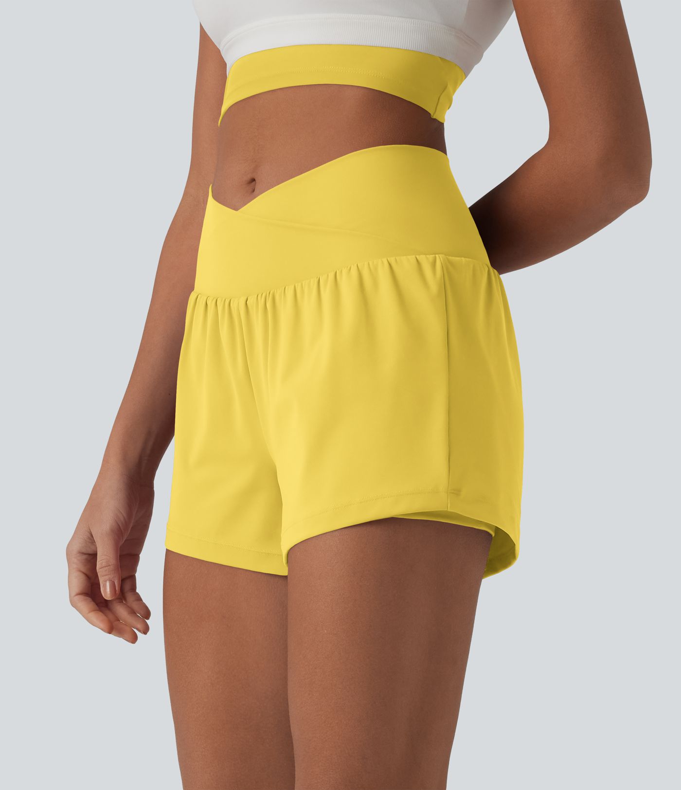SoftlyZero™ Airy Crossover High Waisted 2-in-1 Cool Touch Yoga Shorts 3'' with Pockets