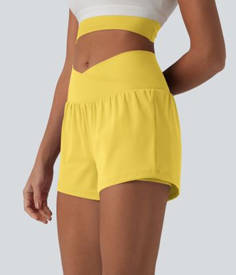 SoftlyZero™ Airy Crossover High Waisted 2-in-1 Cool Touch Yoga Shorts 3'' with Pockets