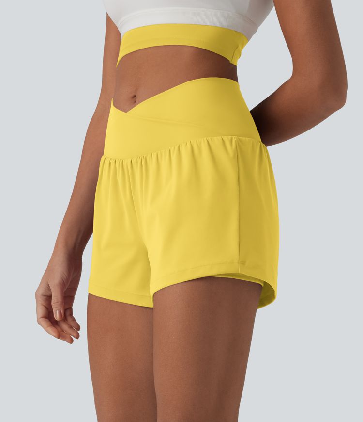 SoftlyZero™ Airy Crossover High Waisted 2-in-1 Cool Touch Yoga Shorts 3'' with Pockets