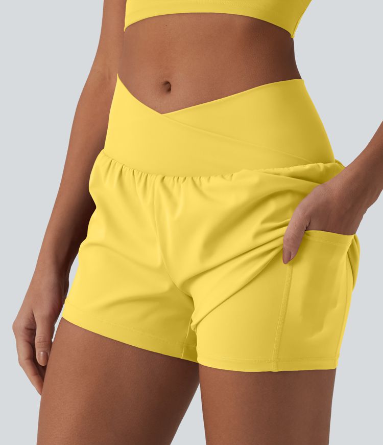 SoftlyZero™ Airy Crossover High Waisted 2-in-1 Cool Touch Yoga Shorts 3'' with Pockets