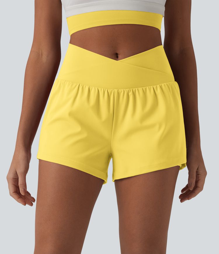 SoftlyZero™ Airy Crossover High Waisted 2-in-1 Cool Touch Yoga Shorts 3'' with Pockets