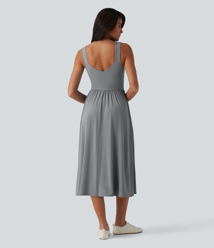 Built-in Bra Sleeveless Crossover Flowy Midi Casual Dress with Pockets DD-F Built-in Bra Sleeveless Crossover Flowy Midi Casual Dress with Pockets DD-F