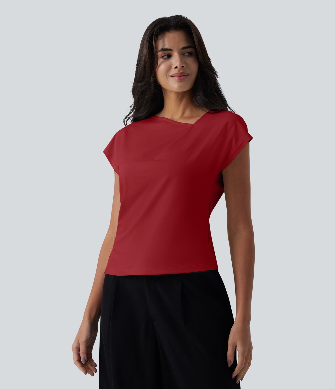 Asymmetric Cowl Neck Short Sleeve Ruched Split Hem Work Blouse
