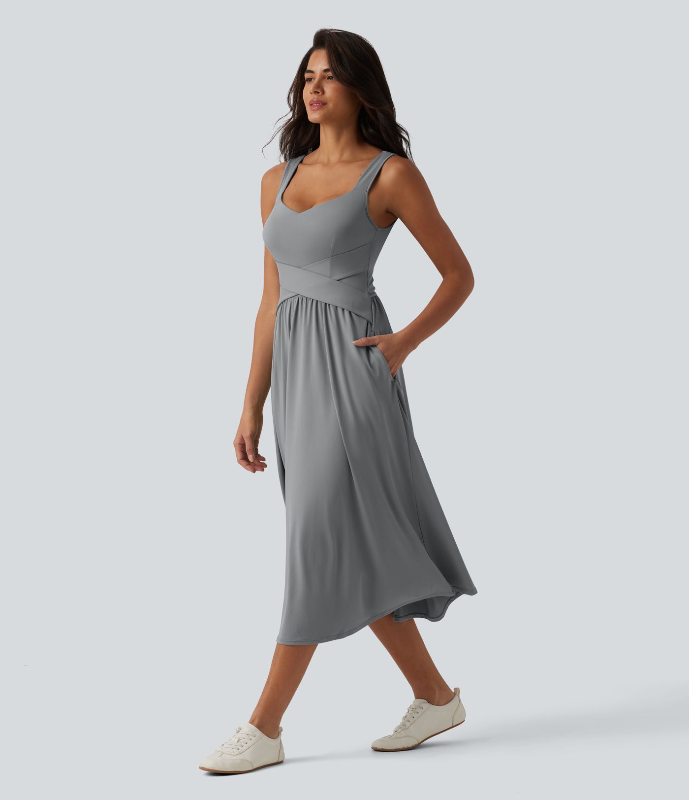 Built-in Bra Sleeveless Crossover Flowy Midi Casual Dress with Pockets DD-F Built-in Bra Sleeveless Crossover Flowy Midi Casual Dress with Pockets DD-F