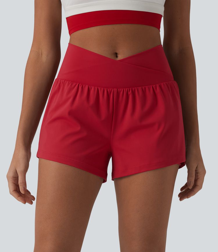 SoftlyZero™ Airy Crossover High Waisted 2-in-1 Cool Touch Yoga Shorts 3'' with Pockets